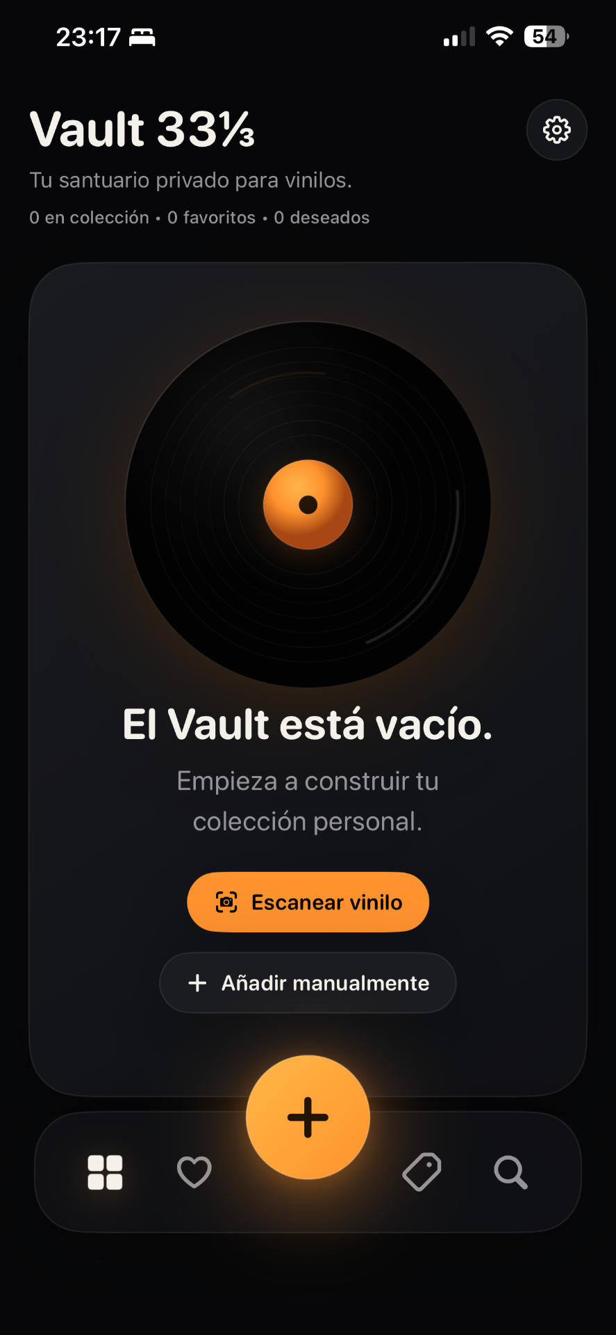 Vault 33⅓ home screen showing empty vault state